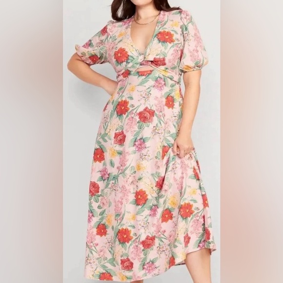 Old Navy Dresses & Skirts - Old Navy Linen Floral Cottagecore Puff Sleeve Cut Out Midi Dress Size Medium